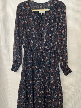 WAYF Long Sleeve Maxi Dress Womens M Blue Floral Stretch Waist